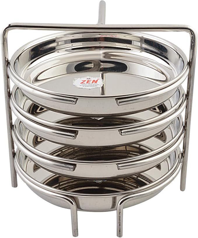 Jain Stainless Steel Thatte Idly Stand (Small Size) with 4 Plates South Indian Idly Maker Steaming Other Dishes Like Dhokla | Plate Diameter - 14cm | Pack of 1 Silver Color