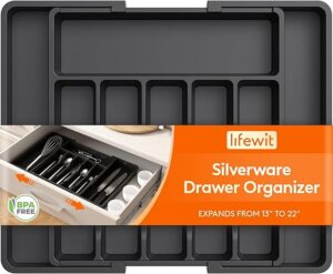 Lifewit Silverware Drawer Organizer, Expandable Utensil Tray for Kitchen, BPA Free Flatware and Cutlery Holder, Adjustable Plastic Storage for Spoons Forks Knives, Large, Black