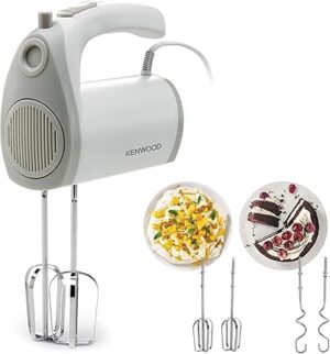 KENWOOD Hand Mixer (Electric Whisk) 300W with 5 Speeds + Turbo Button, Twin Stainless Steel Kneader and Beater for Mixing, Whipping, Whisking, Kneading HMP20.000WH White
