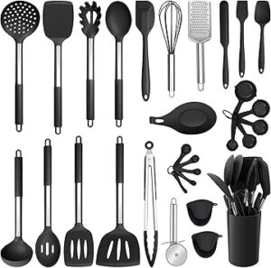 E-far Silicone Kitchen Utensils Set, 30-Piece Cooking Utensils Set with Holder, Heat Resistant Kitchen Spatulas Turner Tong Spoon Whisk Ladle for Nonstick Cookware, Stainless Steel Handle (Black)