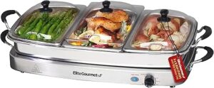 Elite Gourmet Platinum EWM-9933 Maxi-Matic Deluxe Triple Buffet Server Food Warmer Party Tray, Oven-Safe Pan, Gravy & Holiday Essentials, 3 x 2.5Qt, Stainless Steel
