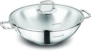 Korkmaz Perla Wok with Lid 28x8.5 cm | Tri-Ply Bottom Stainless Steel Sandwich Bottom Induction Compatible Wok | KA1519