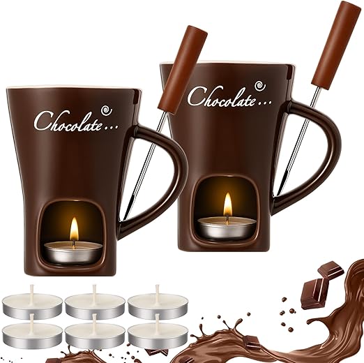 Honeydak 2 Set Chocolate Fondue Mug with Fork and Candle Sweet Ceramic Personal Chocolate Melting Cup Ideal Gifts for Birthday Date Night Birthday Wedding Gifts (Brown)