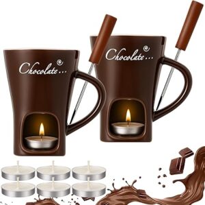 Honeydak 2 Set Chocolate Fondue Mug with Fork and Candle Sweet Ceramic Personal Chocolate Melting Cup Ideal Gifts for Birthday Date Night Birthday Wedding Gifts (Brown)