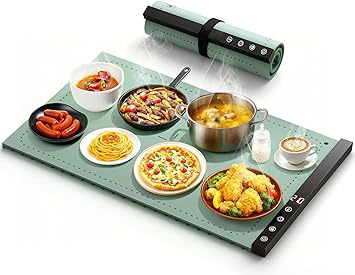 Warming Mat For Food - Full Surface Rapid Heating, Rollable & Portable Warmer With 6 Temperature Settings And 1-4 Hours Adjustable Timer, Silicone Heating Party Buffet (Grayish Green)
