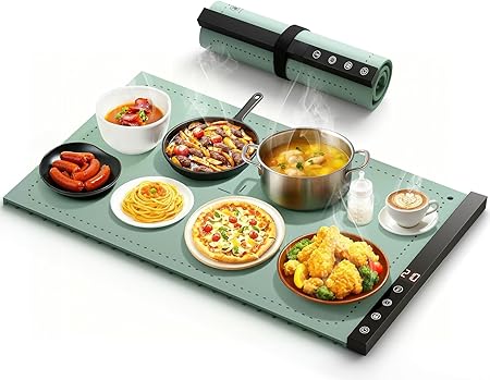 Warming Mat For Food - Full Surface Rapid Heating, Rollable & Portable Warmer With 6 Temperature Settings And 1-4 Hours Adjustable Timer, Silicone Heating Party Buffet (Grayish Green)