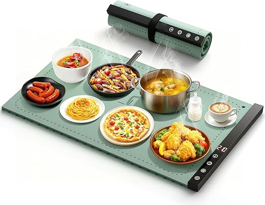 Warming Mat For Food - Full Surface Rapid Heating, Rollable & Portable Warmer With 6 Temperature Settings And 1-4 Hours Adjustable Timer, Silicone Heating Party Buffet (Grayish Green)