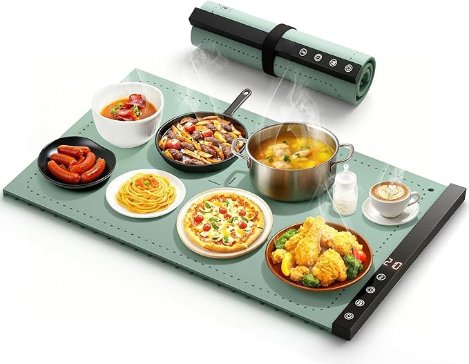 Warming Mat For Food - Full Surface Rapid Heating, Rollable & Portable Warmer With 6 Temperature Settings And 1-4 Hours Adjustable Timer, Silicone Heating Party Buffet (Grayish Green)