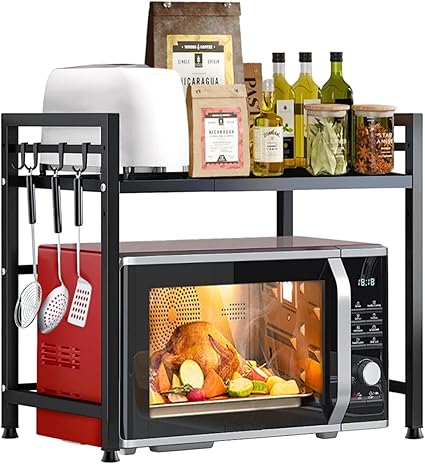 SKY-TOUCH Microwave Oven Rack, Expandable Microwave Stand with 6 Hooks, Kitchen Utensils Tableware Storage for Kitchen Dining Room