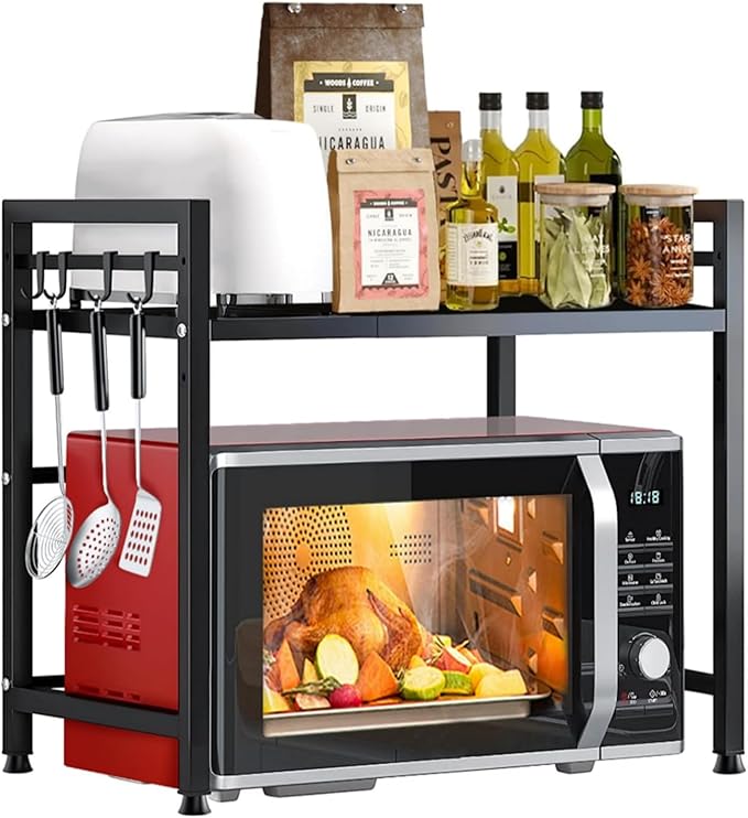 SKY-TOUCH Microwave Oven Rack, Expandable Microwave Stand with 6 Hooks, Kitchen Utensils Tableware Storage for Kitchen Dining Room