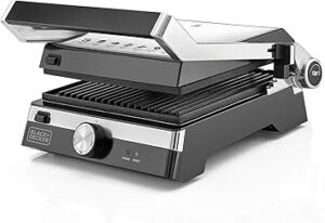 BLACK+DECKER Family Health Grill with 180° Hinge, 2000W, 1500cm² BBQ Area, 5-Level Height Adjustment, Variable Temperature Control, Removable Drip Tray, Cool-Touch Handle, Black/Silver - CG2000-B5