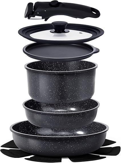 GiPP Ceramic Coating Pots and Pans Set Non Stick, 8pcs Nonstick Detachable Handle Cookware Sets, Non Toxic Induction Kitchen Pot and Pan, Healthy RV Cookware, Dishwasher&Oven Safe(Grey)