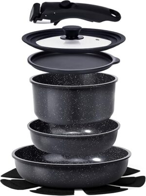 GiPP Ceramic Coating Pots and Pans Set Non Stick, 8pcs Nonstick Detachable Handle Cookware Sets, Non Toxic Induction Kitchen Pot and Pan, Healthy RV Cookware, Dishwasher＆Oven Safe(Grey)