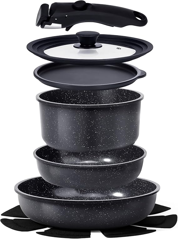 GiPP Ceramic Coating Pots and Pans Set Non Stick, 8pcs Nonstick Detachable Handle Cookware Sets, Non Toxic Induction Kitchen Pot and Pan, Healthy RV Cookware, Dishwasher&Oven Safe(Grey)