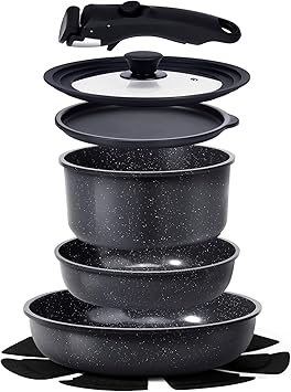 GiPP Ceramic Coating Pots and Pans Set Non Stick, 8pcs Nonstick Detachable Handle Cookware Sets, Non Toxic Induction Kitchen Pot and Pan, Healthy RV Cookware, Dishwasher&Oven Safe(Grey)