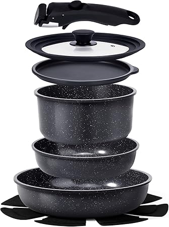 GiPP Ceramic Coating Pots and Pans Set Non Stick, 8pcs Nonstick Detachable Handle Cookware Sets, Non Toxic Induction Kitchen Pot and Pan, Healthy RV Cookware, Dishwasher&Oven Safe(Grey)