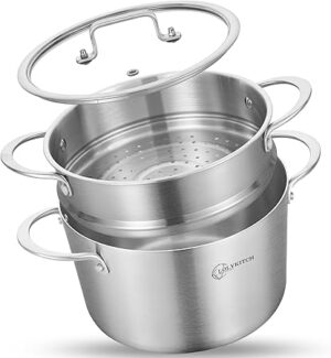LOLYKITCH Tri-ply Stainless Steel 3 QT Stock Pot with Lid and Steamer,Induction Cooking Pot,Steamer Cookware,Dishwasher and Oven Safe.