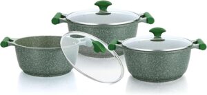 Prestige Essentials Pots and Pans Set | Granite 6 Piece Non-Stick Cast Aluminium Cookware set | Induction Base | Non Stick Cooking Set Combo | Green PR80968