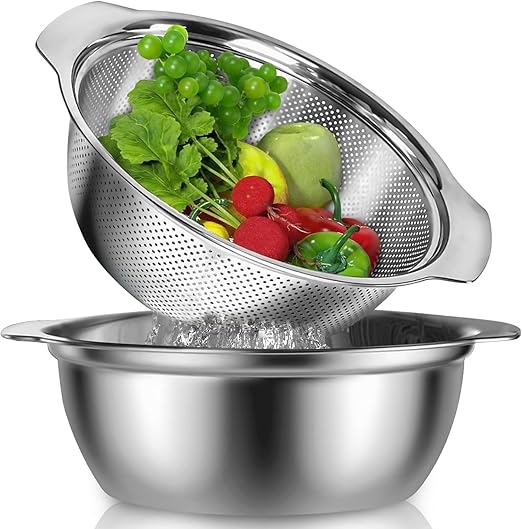 Stainless Steel Colander With Handle, 23CM Micro-Perforated Strainer Colander Set with Mixing Bowl, Great for Draining Cooked Pasta, Noodles,Washing Vegetables, Fruits