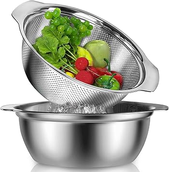 Stainless Steel Colander With Handle, 23CM Micro-Perforated Strainer Colander Set with Mixing Bowl, Great for Draining Cooked Pasta, Noodles,Washing Vegetables, Fruits
