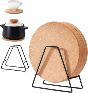 TERRIFI Cork Trivet, 5 Pack 7.5 Inches Round Cork Coasters with Plate Holders Organizer, Extra Thick Reusable Cork Mats for Hot Pots, Pans, Kettles, and Crafts
