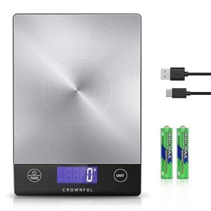 CROWNFUL 15Kg Food Scale, Rechargeable 304 Stainless Steel Digital Kitchen Scale Grams and Ounces with LCD Display and Type-C Charging for Baking and Cooking