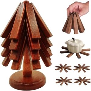 Wooden Tree Coasters, Kitchen Heat Resistant Pads, Stackable Trivets Tree Set(4 Walnut Wood+1 Stand), Foldable Walnut Wood trivet Mat.