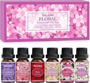 SALKING Floral Essential Oils Set, Premium Pure and Natural Essential Oils, Fragrance Oil Scented Oils for Oil Diffusers 6 x 10 ML - Lavender, Rose, Jasmine, Cherry Blossom, Gardenia, Chamomile