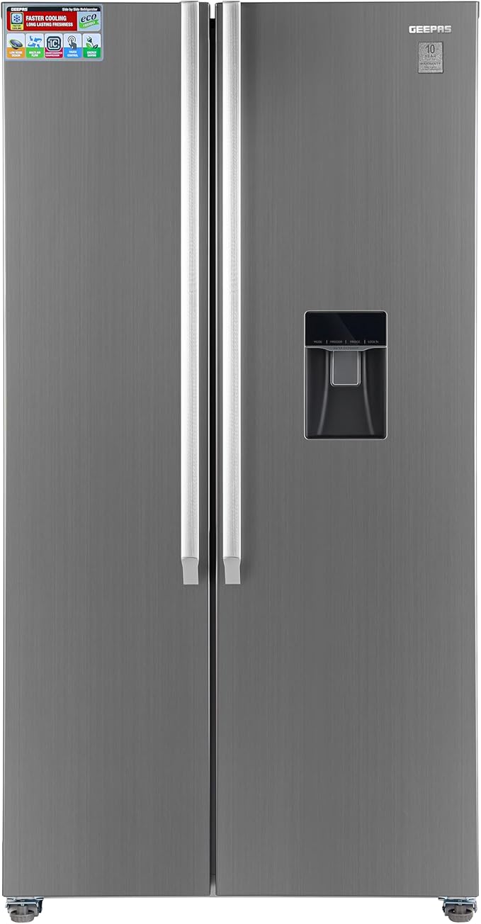 Geepas Side By Side Refrigerator, 670 Litre, GRFS6622SWXHN | Digital Control Temperature Display | 5 Year Compressor Warranty