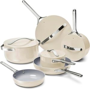 Caraway Deluxe Non-stick Ceramic Cookware Set (16 Piece) Pots, Frying Pans, Lids and Kitchen Storage - PFAS & PFOA Free - Oven Safe Pan Set & Compatible with All Stovetops - Cream