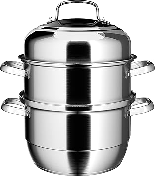 VENTION Stainless Steel Steamer Pot with Thick Bottom, 3 Tier Food Steamer, Large Metal Steamer 28 cm, Suitable for Electric and Gas Stove, Ideal for Tamale,