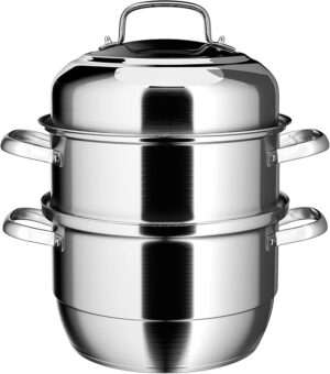 VENTION Stainless Steel Steamer Pot with Thick Bottom, 3 Tier Food Steamer, Large Metal Steamer 28 cm, Suitable for Electric and Gas Stove, Ideal for Tamale,