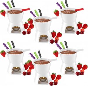 Mudder 6 Pieces Fondue Mug Ceramic Pot and 24 Pieces Forks Set for Melting Chocolate, Cheese, Broth Or Tapas On Valentine's Day (White)