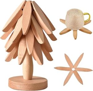 Wooden Trivets for Hot Dishes,Tree Shape Trivet Set,Trivets for Hot Dishes,Natural Foldable Kitchen Wooden Trivets,for Hot Dishes、Pot、Bowl、Teapot、Hot Pot Holders (Beech)