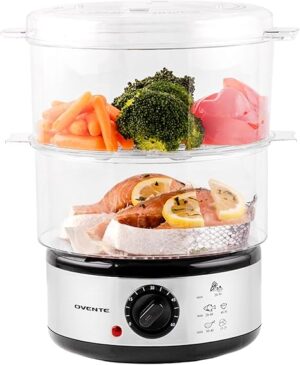 Ovente Electric Food Steamer 5 Quart with 2 Tier Stackable BPA-Free Baskets, 400W Stainless Steel Base, Auto Shut-Off and 60-Minute Timer, Fast Steaming Ideal for Vegetable and Fish, Silver FS62S