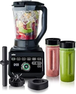 Braun 1600W Premium Power Blender Smoothie Maker PowerBlend 9 with 18 Functions, Unique Triangular Tritan Jar and 2 Smoothie2Go Bottles for Hot Soup, Chop, Ice Crush, Ice Cream and Spread JB9042 Black