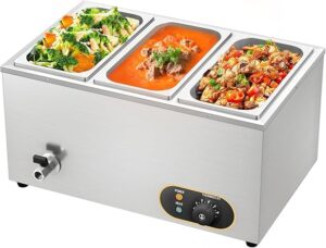 Commercial Bain Marie, 1500W Electric Food Warmer Stainless Steel Steam Table Temperature Control with Covers, Drain Tap, GN 1/3 Containers -150mm x3