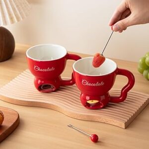 Fondue Cup Set, Chocolate Melting Cup, 2 Pack Ceramic Fondue Mug with Forks, Small Fondue Pot Mugs for Date Night Party Birthday Wedding (Red)