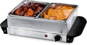 OVENTE Electric Buffet Server with 2 Warming Pan, Portable Food Warmer for Catering, Party, Entertaining and Holiday, Stainless Steel Chafing Dish Set with Temperature Control, Silver FW152S, 2 Trays