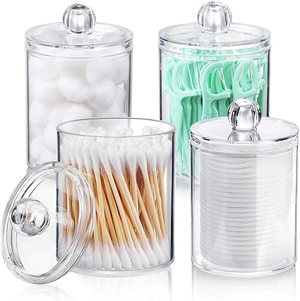 Bathroom Organizer Bathroom Accessories Storage- 4Pcs Acrylic Holder Dispenser for Cotton Swabs, Balls, Pads, Floss| Clear Plastic Set Bathroom Essentials Accessories Decor, Vanity Makeup