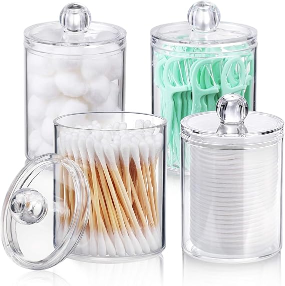Bathroom Organizer Bathroom Accessories Storage- 4Pcs Acrylic Holder Dispenser for Cotton Swabs, Balls, Pads, Floss| Clear Plastic Set Bathroom Essentials Accessories Decor, Vanity Makeup