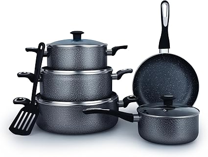 Impex 10-piece Royal Nonstick Granite Coated Cookware Set, Fry Pan 24cm,3 Saucepan with Lid 28 cm, Milk Pan with Lid 18cm And Spatula, PFOA Free-NCB 7110