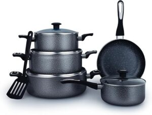 Impex 10-piece Royal Nonstick Granite Coated Cookware Set, Fry Pan 24cm,3 Saucepan with Lid 28 cm, Milk Pan with Lid 18cm And Spatula, PFOA Free-NCB 7110