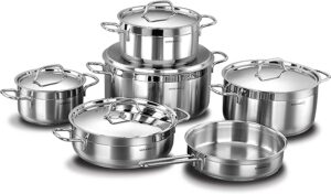 Korkmaz Alfa XL 11 Pieces Tri-Ply Bottom Stainless Steel Cookware Set | Sandwich Bottom Induction Compatible Pots and Pans Set | Silver -KA1641