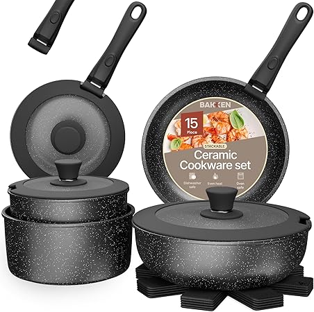 Bakken- Swiss Detachable 15-Piece Cookware Set – Granite Non-Stick – Eco-Friendly – Stackable Removable Handles – for All Stoves & Oven-Safe - Marble Black Coating