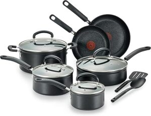 T-fal Advanced Nonstick Cookware Set 12 Piece, Oven Broiler Safe 350F, Kitchen Cooking Set W/Fry Pans, Saucepans, Deep Saute, Dutch Oven & Kitchen Utensils, Pots and Pans, Dishwasher Safe, Black