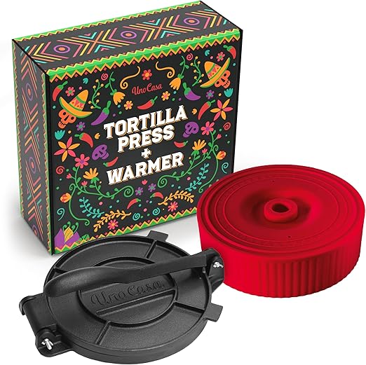 Uno Casa Cast Iron Tortilla Press 8 Inch with Tortilla Warmer - Bundle of Pre-seasoned Quesadilla, Roti and Pataconera Maker With Taco Shell Warmer including 100 Pcs Parchment Paper