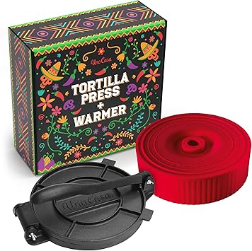 Uno Casa Cast Iron Tortilla Press 8 Inch with Tortilla Warmer - Bundle of Pre-seasoned Quesadilla, Roti and Pataconera Maker With Taco Shell Warmer including 100 Pcs Parchment Paper