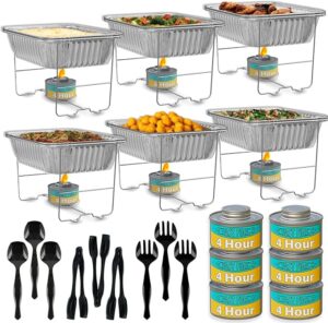 Chafing Dish Buffet Set, Half Size, Disposable Catering Supplies -6 Pack- Food Warmers For Parties: Foldable Wire Racks, Fuel, Aluminum Water Pans, Serving Utensils -Single Pan Warmer