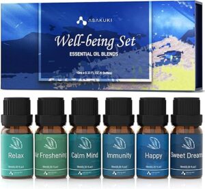 ASAKUKI Essential Oil Blends, Essential Oils Set for Diffusers for Home, Well-Being Kit- Calming, Dreams, Breathe, Relaxing, Mood, Fresh Air for Aromatherapy, Humidifiers, Massage, 6x10ml
